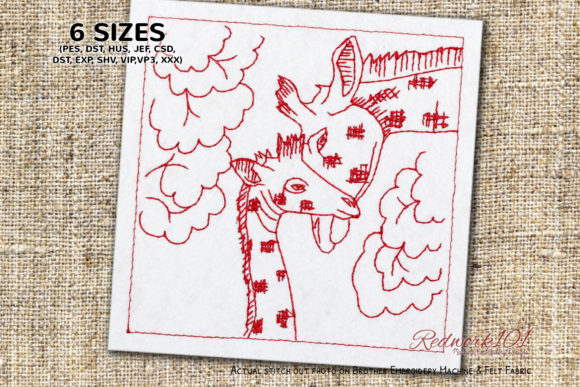 Baby Giraffe and Mother Redwork Embroidery Design